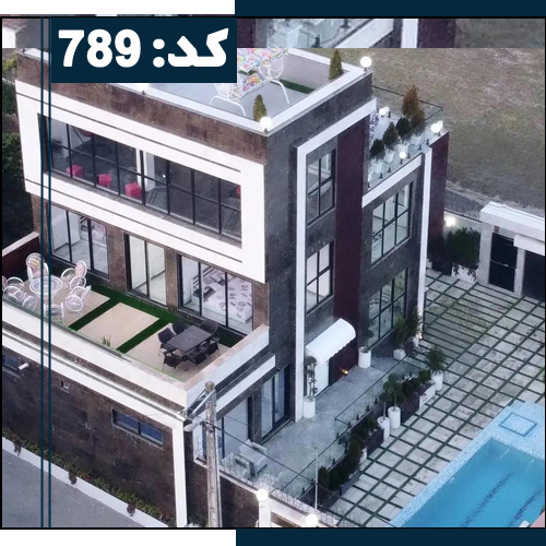 نمای ساختمان سنگی و محوطه بالکن و تراس ویلا در محمود آباد 21657467484554